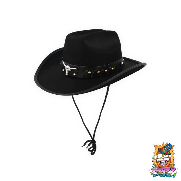Cowboyhat sort med tyrehorn
