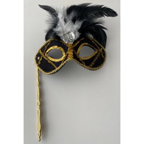 Halvmaske med hndtag i sort, hvid og guld